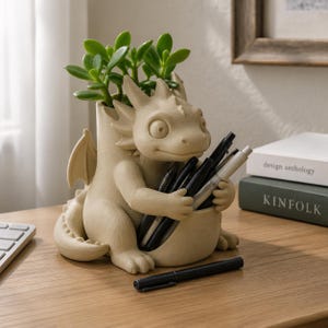 Dragon Pen Hoarder Planter, 3D Printed Succulent Pot with Hand-Painted Detail, Whimsical Desk Organizer for Small Plants
