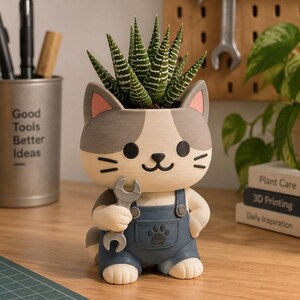 以下が含まれることがあります： グレーとクリーム色の仕上げが施された猫型のプランターで、肉球のディテールが入った青いオーバーオールを着ています。猫は片手にグレーのレンチを持っています。猫の頭部には、白い横縞模様のある緑色の多肉植物が植えられています。