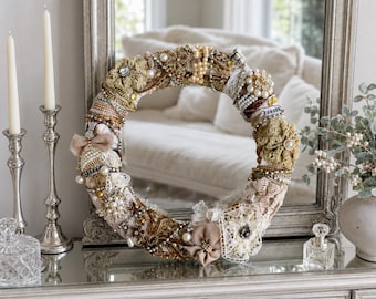 Schmuckbesetzter Boho-Chic-Weihnachtskranz mit getrocknetem Lavendel, Vintage-inspirierte Shabby-Chic-Luxus-Wanddekoration, einzigartiges Geschenk für Zuhause