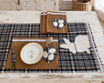 Oster-Tischläufer-Set im Landhausstil mit 4 Platzsets, Hasen-Tischdeko, rustikaler Jute-Tischwäsche, Frühlings-Essgruppe