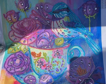 Blue bird flower teapot Diamond Painting Canvas (30x30cm)