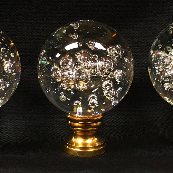 Lamp Finial-Large Clear BUBBLE GLASS ORB Your Choice of 3 Base Finishes: Antq.Brass, Chrome or Polished Brass