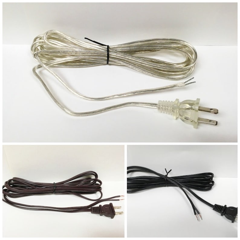 May include: Three electrical cords with plugs. The first cord is silver and clear, the second cord is brown, and the third cord is black.
