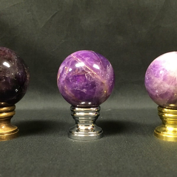 Lamp Finial-PURPLE ROCK QUARTZ Crystal Sphere On Pedestal Base Available in 3 Finishes (1 Pc.)