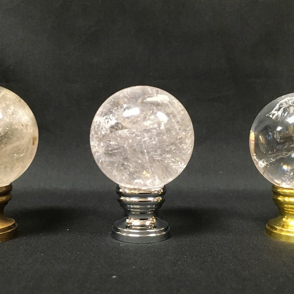 Lamp Finial-ROCK QUARTZ CRYSTAL Sphere On Pedestal Base in 3 Finishes: Antique Brass, Polished Brass or Chrome (1 Pc.)