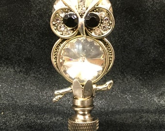 Lamp Finial-RHINESTONE OWL on Branch-Antique Silver finish