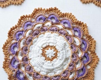 Handmade Crochet Placemat | Bridgerton Style Lilac, White, Gold Table Decor