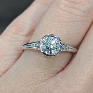 Low Profile Bezel Set Moissanite Peapod Engagement Ring in White