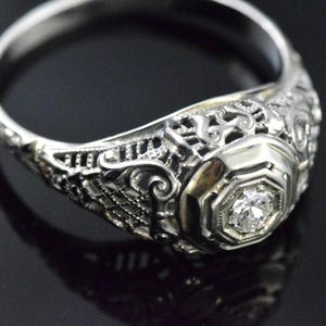 Vintage Engagement Ring Filigree - 1920s Antique Diamond Ring - 18K white gold with Filigree and Flowers