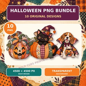 Könnte beinhalten: Ein Halloween PNG-Paket mit 10 originellen Designs. Die Grafik zeigt einen Patchwork-Kürbis mit Fledermaus, eine schwarze Katze mit Hexenhut in einem Kürbis und einen Beagle-Welpen im Vampirumhang, der einen kleinen Kürbiseimer hält.