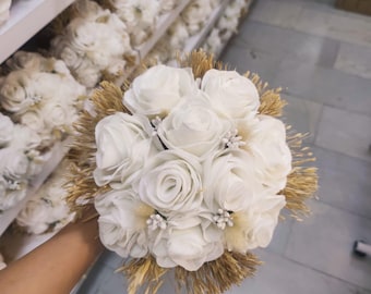 Bridal Bouquet with White Roses and Dried Wheat Ears