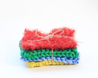 Handknit 4pk Kitchen Scrubbies, Housewarming Gift, Nylon Scrubbies, Pot Scrubber, Thick Dish Scrubby, Dish Sponge, Bridal Shower