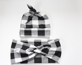 Juego de sombrero y diadema a juego para mamá e hijo / mamá y bebé / diadema de yoga / buffalo plaid / sombrero anudado / juego de mamá y bebé / cheque en blanco y negro / regalo