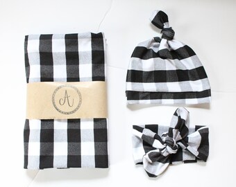 Buffalo Plaid Swaddle Blanket, Manta a cuadros en blanco y negro, Swaddle neutral de género, regalo de Navidad, regalo de Baby Shower, diseño de Amana
