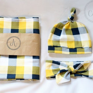 Navy and Yellow Swaddle Set, Geneer Neutral Blue and Yellow Swaddle, Newborn Swaddle and Hat, Baby Boy Swaddle Set, Blue and Yellow Plaid