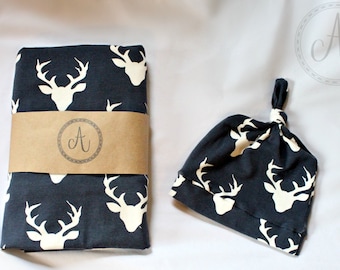 Navy Deer Head Swaddle and Hat Set, Navy Buck, Manta para bebés, Cubierta de enfermería, Criaturas del bosque, Niño recién nacido, Niño Swaddle, Apoyo para recién nacidos