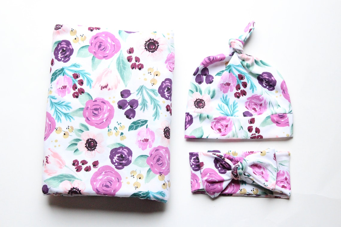 Watercolor Floral Swaddle Set/floral Swaddle Blanket/plum Etsy