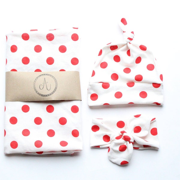 Poppy Red Polka Dot Swaddle Set, Polka Dot Blanket for baby girl shower gift/ Red Polka Dot Swaddle/Polka Dot Baby Blanket/Red Dot Swaddle