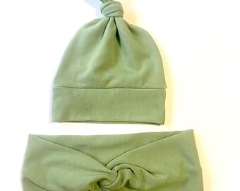 Conjunto de gorro y diadema de color verde salvia para mamá e hijo, diadema con turbante, diadema elástica, gorro anudado, conjunto para mamá y bebé, verde salvia, regalo para baby shower