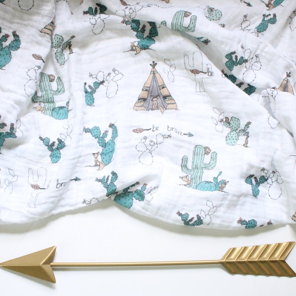 Brave One Swaddle Blanket, Tepee and Cactus, Cactus Blanket,Double Gauze Swaddle, Tribal Swaddle,  Muslin, Boy Swaddle, Baby Boy Shower Gift