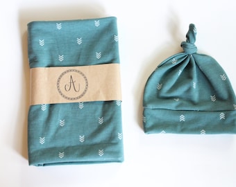 Conjunto de manta y gorro con flecha verde azulado, manta de bebé neutra, funda de lactancia, regalo para baby shower, bebé recién nacido niño, manta para niño, accesorio para recién nacido