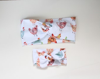 Diadema de pollo en acuarela/Conjunto de diademas para mamá e hija/Diadema de pollo anudada/Diadema de enfermera/Trenzada/Anudada/Regalo para baby shower/Fotos familiares