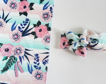 Conjunto de manta suave para bebé niña de felpa pura con estampado floral en acuarela rosa y menta, conjunto de diadema y estampado floral para baby shower y recién nacida.