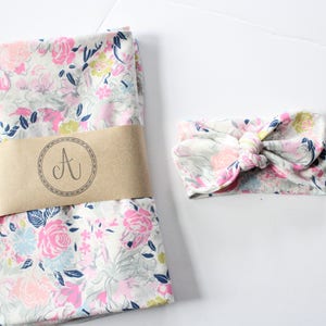 Floral Swaddle Set Newborn Knotted Headband Hat Butter Soft Spring Floral Swaddle Blanket Navy Pink Chartreuse Aqua Flowers Rose Preemie Hat