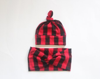 Mamá e hijo a juego Buffalo Plaid Headband y Knotted Hat / Black and Red Check Yoga Headband / Mommy & Me Set / Christmas Gift For Her / Baby Hat