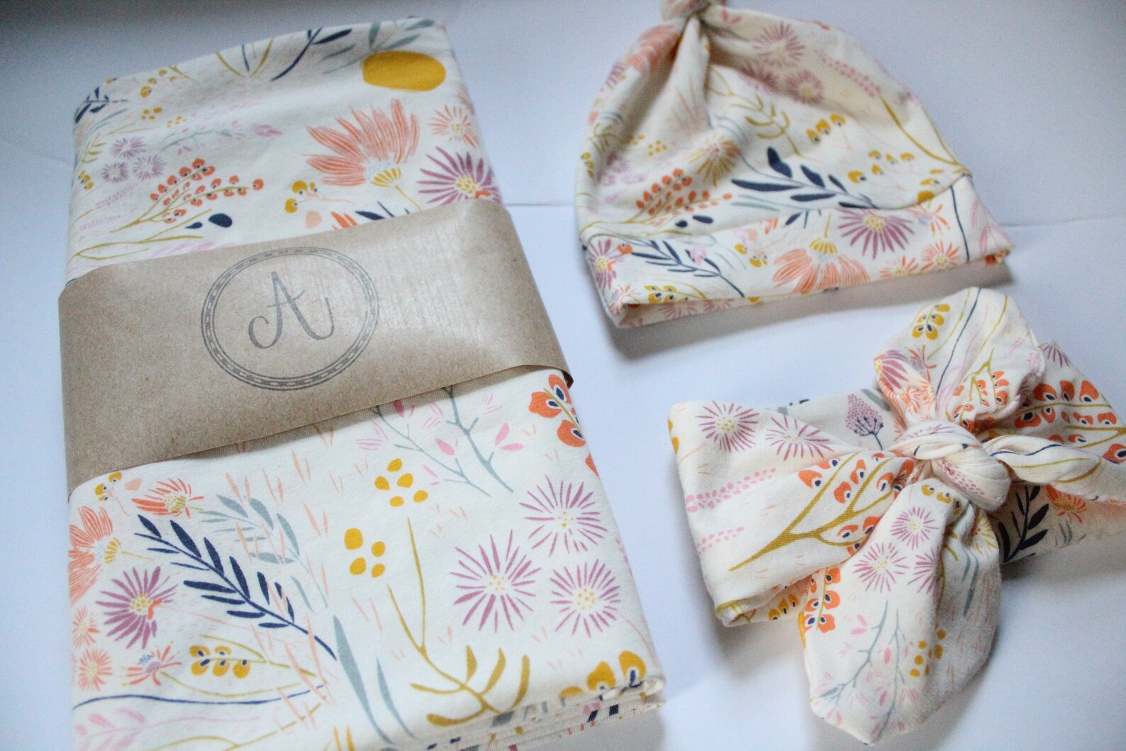 Floral Swaddle Set Cream Mustard Navy Floral Swaddle Etsy