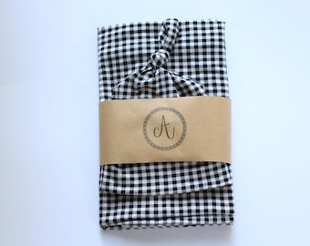 Conjunto de manta y gorro con diadema a cuadros de guinga suave, regalo para bebé, regalo para baby shower de género neutro, fotos de recién nacidos, manta en blanco y negro.