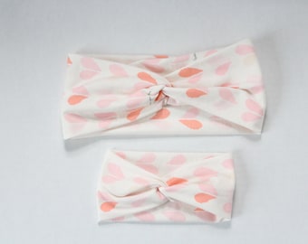 Mommy and Me Pink Valentine Hearts Twisted Front Headband, Mom and Mini Headbands, Jersey Knit Turbant Baby Girl Headband, Shower Gift