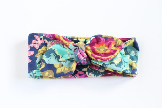 Navy and Floral Top Knot Headband or Hat, Designer Knit  display picture 2