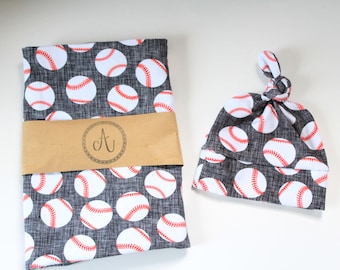Conjunto de manta de béisbol de algodón/Conjunto de béisbol/Regalo de béisbol para baby shower/Gorro anudado de béisbol/Gorro para prematuro/Gorro para recién nacido/Manta de béisbol para bebé