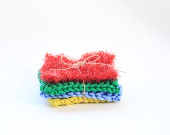 Handknit 4pk Kitchen Scrubbies, Pot Scrubbers, Dish scrubby, Housewarming Gift, Nylon Scrubbies, Dish Sponge, Bridal Shower Gift