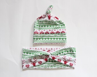 Christmas Holiday Mommy & Son Headband Hat Set, Jersey Knit Headband, Reindeer Snowflake Poinsettia, Mom and baby hat headband set, Gift