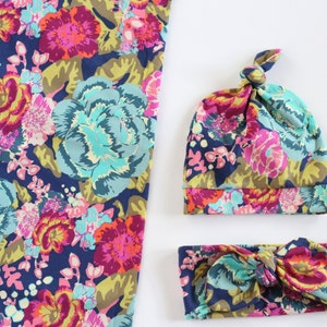 Navy Watercolor Floral Swaddle Set, Baby Girl Gift, Navy, Pink Floral Swaddle Blanket, Baby Blanket, Nursing Cover, Baby Girl Blanket, Gift