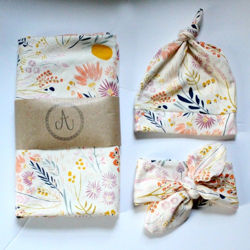 Floral Swaddle Set Cream Mustard Navy Floral Swaddle Etsy