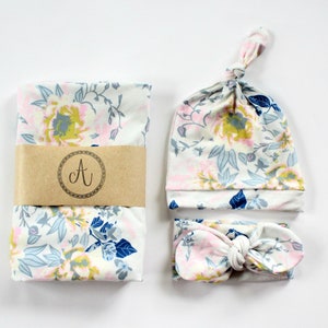 Baby Girl Floral Swaddle Set Newborn Knotted Headband Hat Butter Soft Pastel Wildflowers Floral Swaddle Blanket Navy Pink Grey Chartreuse