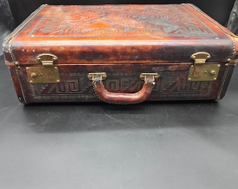 Vintage 1950s House of Oppenheim Mexican Hand Tooled Leather Suitcase Aztec Key