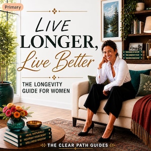 May include: A book cover titled LIVE LONGER, Live Better THE LONGEVITY GUIDE FOR WOMEN. The cover features a person sitting on a beige sofa, a stack of three books titled HEAL NATURALLY, NOURISH YOUR BODY, and WELLNESS WISDOM, and a vase of flowers.