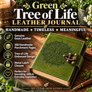 May include: A green leather journal featuring an embossed Tree of Life design on the cover, secured with a brass-colored metal latch closure. The journal contains 168 handmade parchment pages and is labeled as a Green Tree of Life Leather Journal.