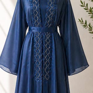 Luxury Modest Abaya Dress Rhinestone Embellished Maxi Kimono Sleeve 