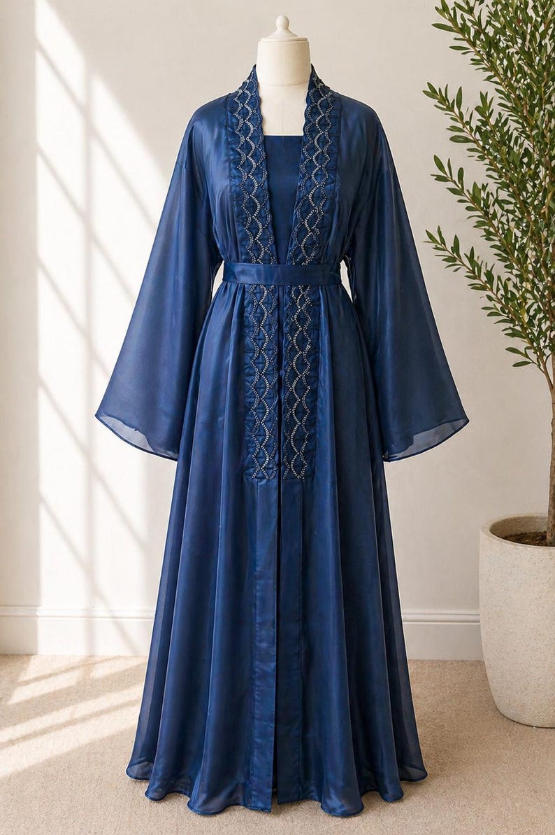 Luxury Modest Abaya Dress Rhinestone Embellished Maxi Kimono Sleeve 