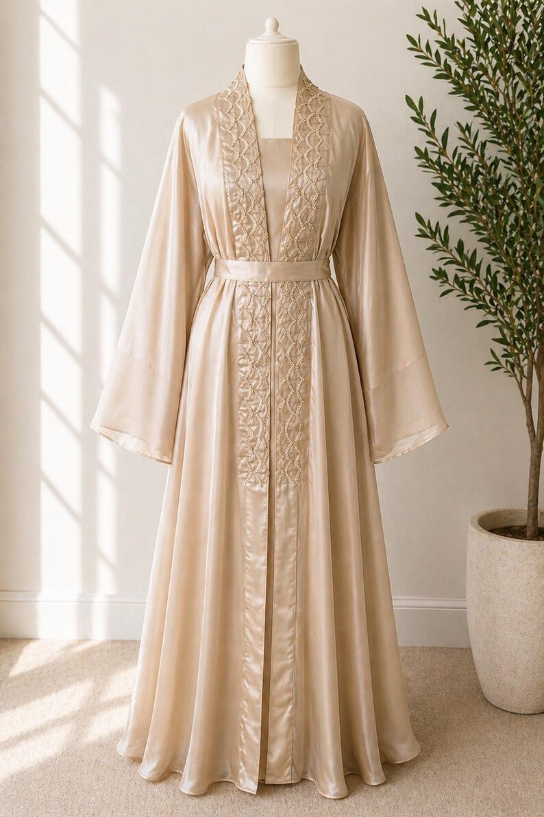 Luxury Modest Abaya Dress Rhinestone Embellished Maxi Kimono Sleeve 