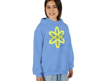 Siéntete orgulloso de lo que sabes y emociónate por lo que aún no sabes. Sudadera con capucha juvenil / Frase inspiradora, estampado de flores de neón, sudadera para niños.
