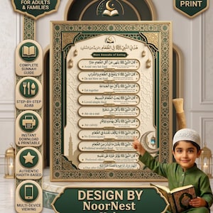Peut inclure: Une affiche encadrée décorative avec des accents dorés, présentant du texte arabe sur les manières de manger selon la Sunna. L'image comprend un jeune garçon en tenue traditionnelle tenant un livre. Le design est pour adultes et familles.