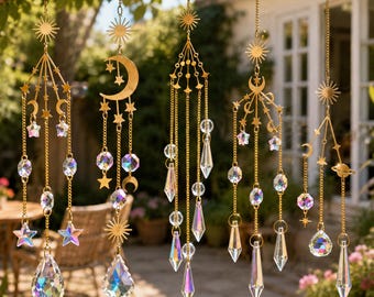 Celestial Galaxy Crystal Suncatcher, Moon Stars Hanging Decor, Rainbow Prism Light Catcher