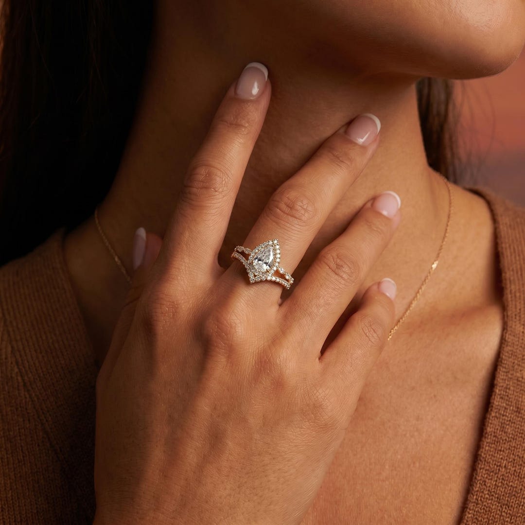 Vintage Pear Cut Lab Grown Diamond Engagement Ring Set, 14k Gold ...