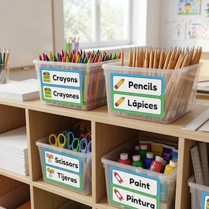 Bilingual Classroom Labels | Editable English & Spanish Supply Bin Organization (Digital Download)